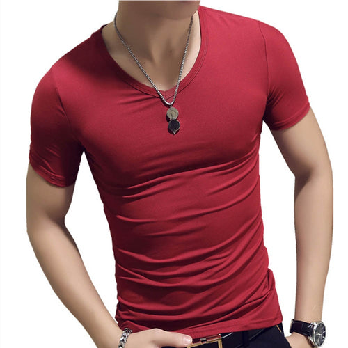 Korean Summer Men T-Shirt Short Sleeve V Neck Solid Color Tops Gym Fitness Casual Shirts TS95