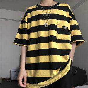 Pockets Striped Letter Print Oversized Summer T shirt Short Sleeve O neck plus size tee Korean style minimalist student clothes