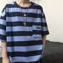 Load image into Gallery viewer, Pockets Striped Letter Print Oversized Summer T shirt Short Sleeve O neck plus size tee Korean style minimalist student clothes