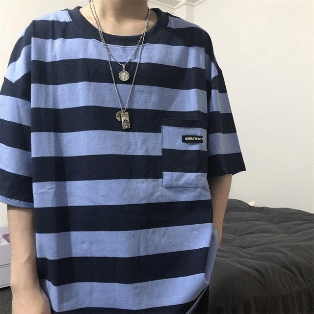 Pockets Striped Letter Print Oversized Summer T shirt Short Sleeve O neck plus size tee Korean style minimalist student clothes