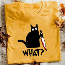 Load image into Gallery viewer, Cat What T Shirt Murderous Cat With Knife Funny Halloween Gift T Shirt Unisex Cotton T shirts for men and women